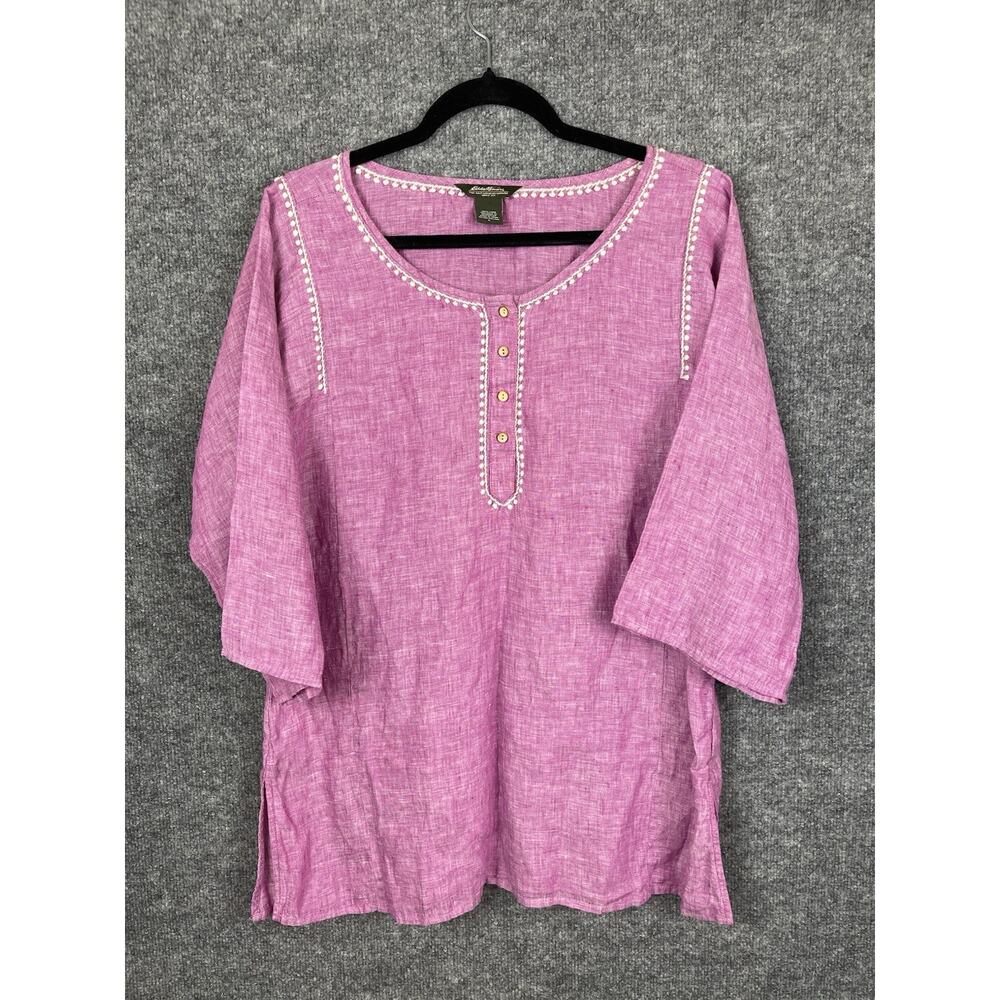 Eddie Baur Women's Linen Shirt Size Large Purple Pink White Embroidery‎